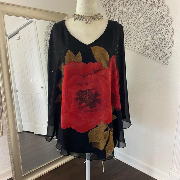 Dressbarn Whimsygoth Bat Sleeve Shawl Asymmetric Plus Size Mesh Rose Top 1X - Picture 2 of 7